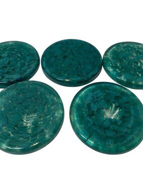 Handcrafted Teal Art Glass Coaster Set Of 5 Unique Swirl Pattern